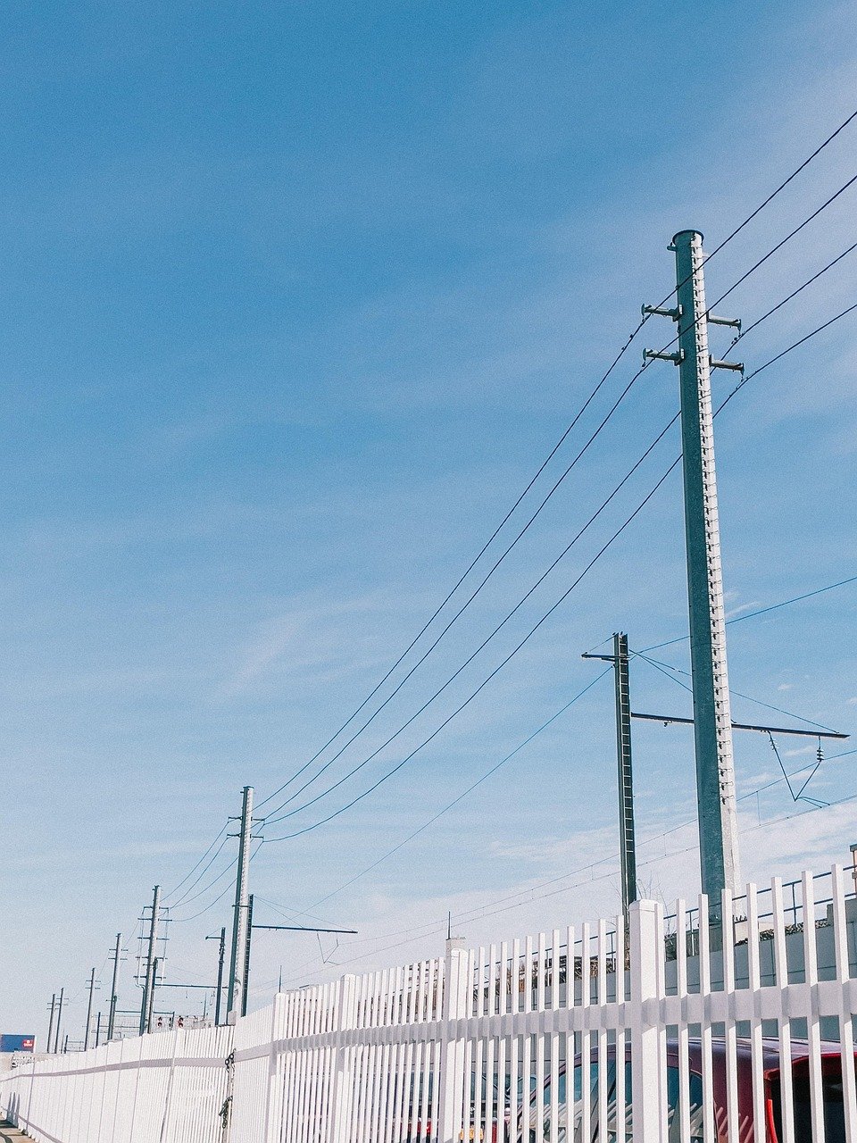 electric posts, cables, nature, fence, wires, white fences, electricity, utility poles, new york city, new york, sky, urban