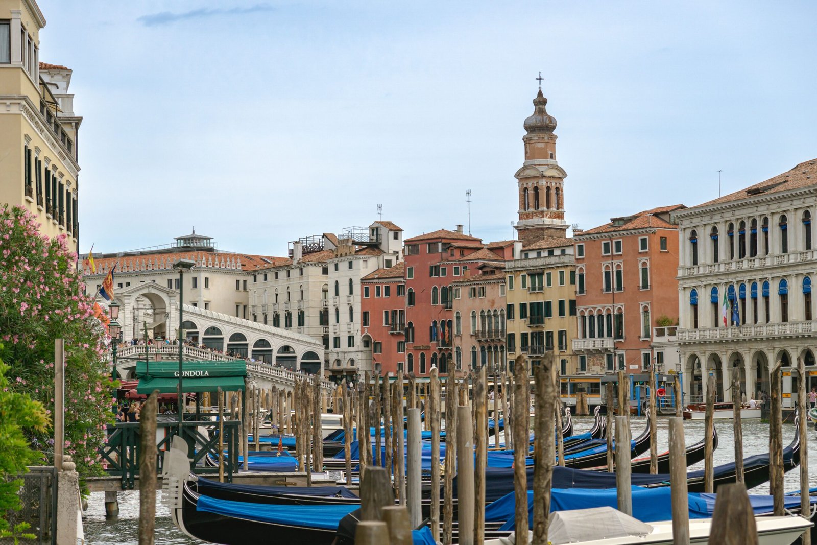 Historic Venetian canal, bridges and colourful buildings